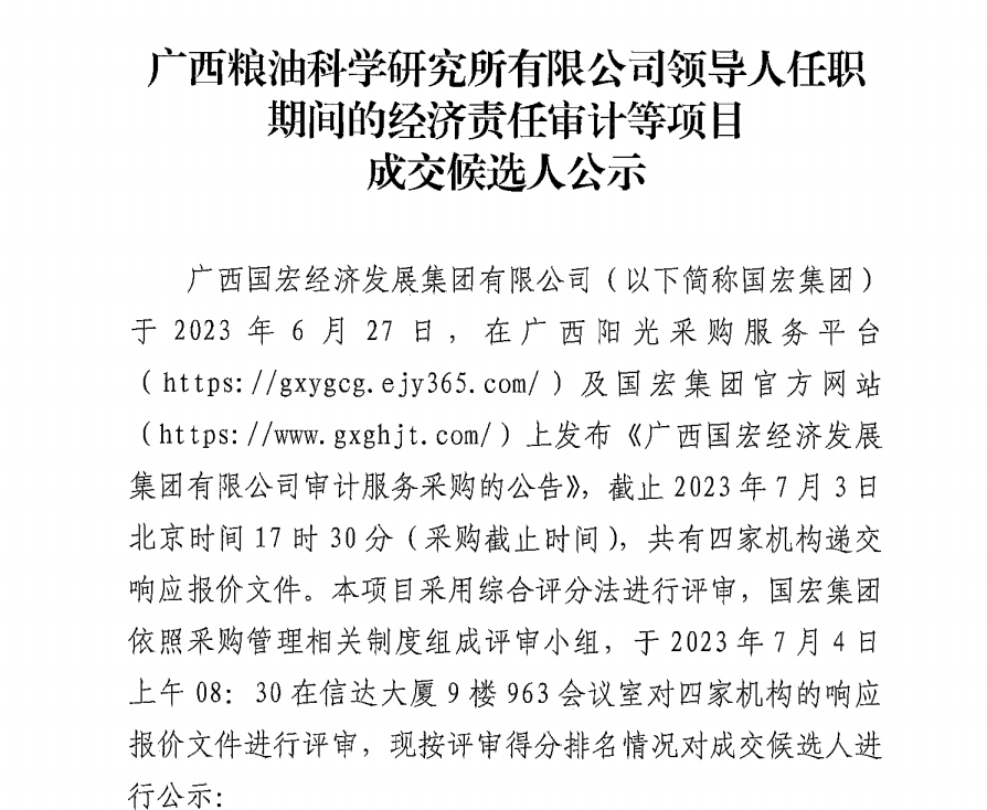 广西粮油科学研究所有限公司领导人任职期间的经济责任审计等项目成交候选人公示